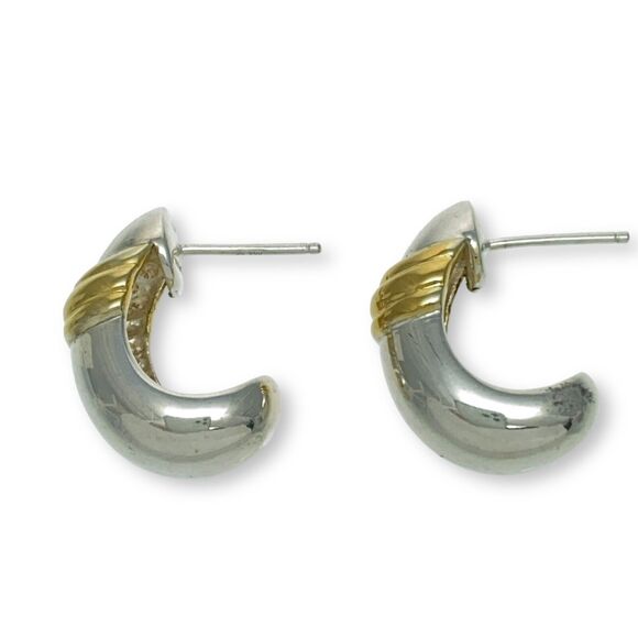 Vintage Thailand CI Sterling Silver 925 Brass Rope Accent Half Hoop Earrings - Picture 1 of 9